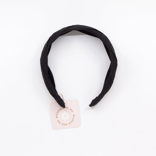 black braided headband on a white background with visible tag