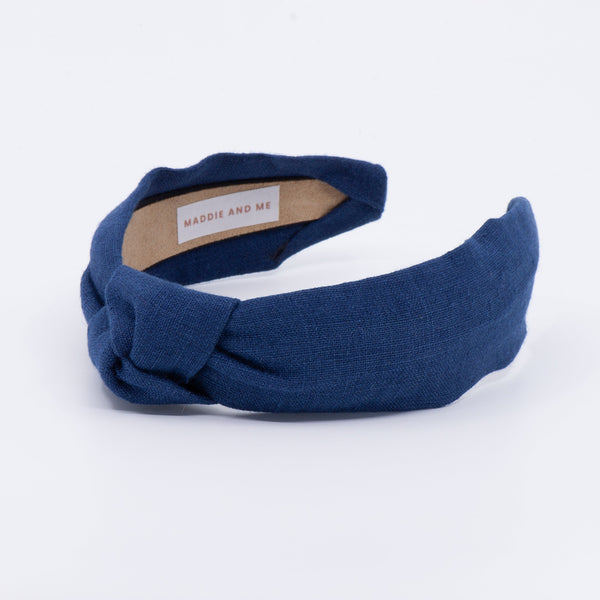 navy linen headband on a white background