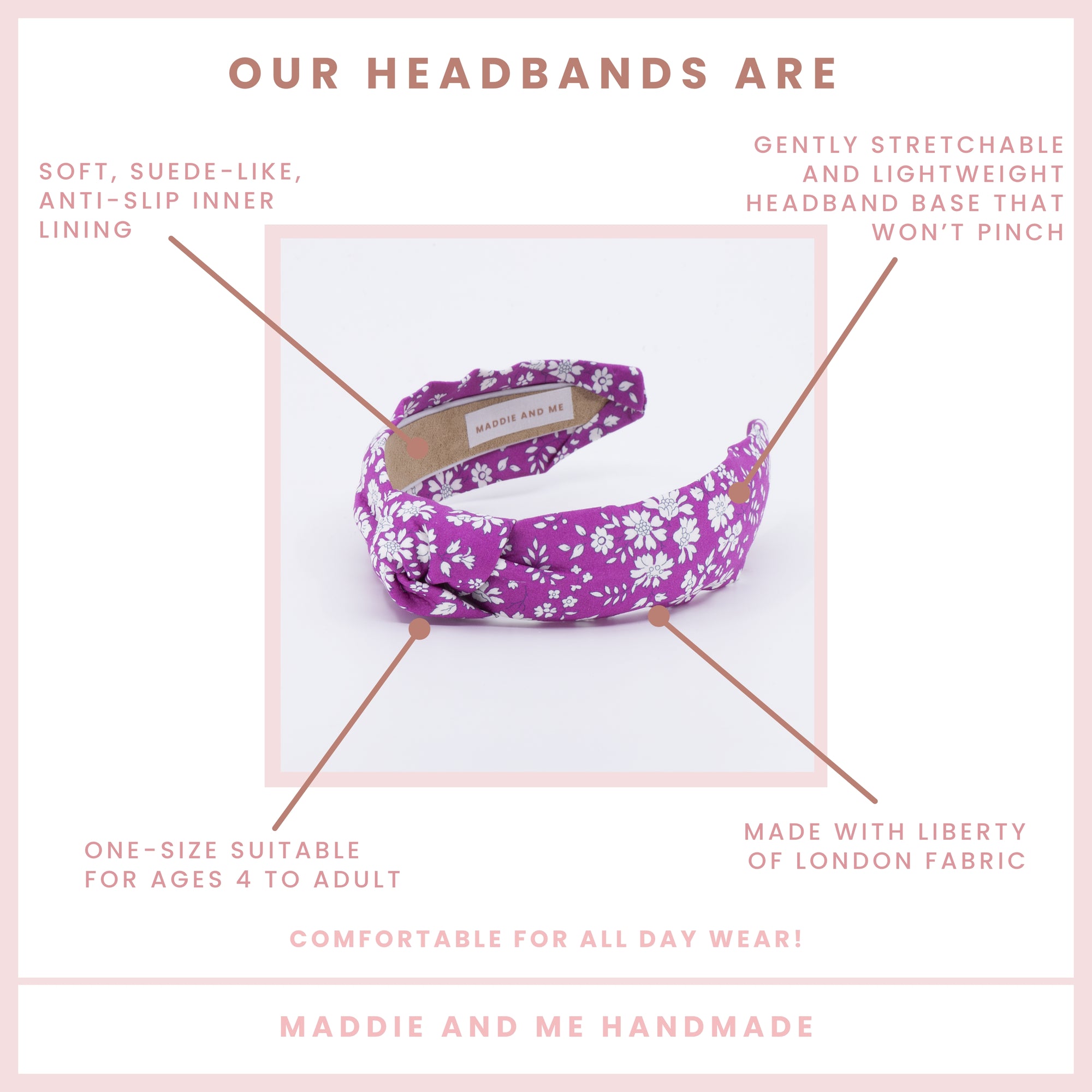 Bright pink floral headband on a white background