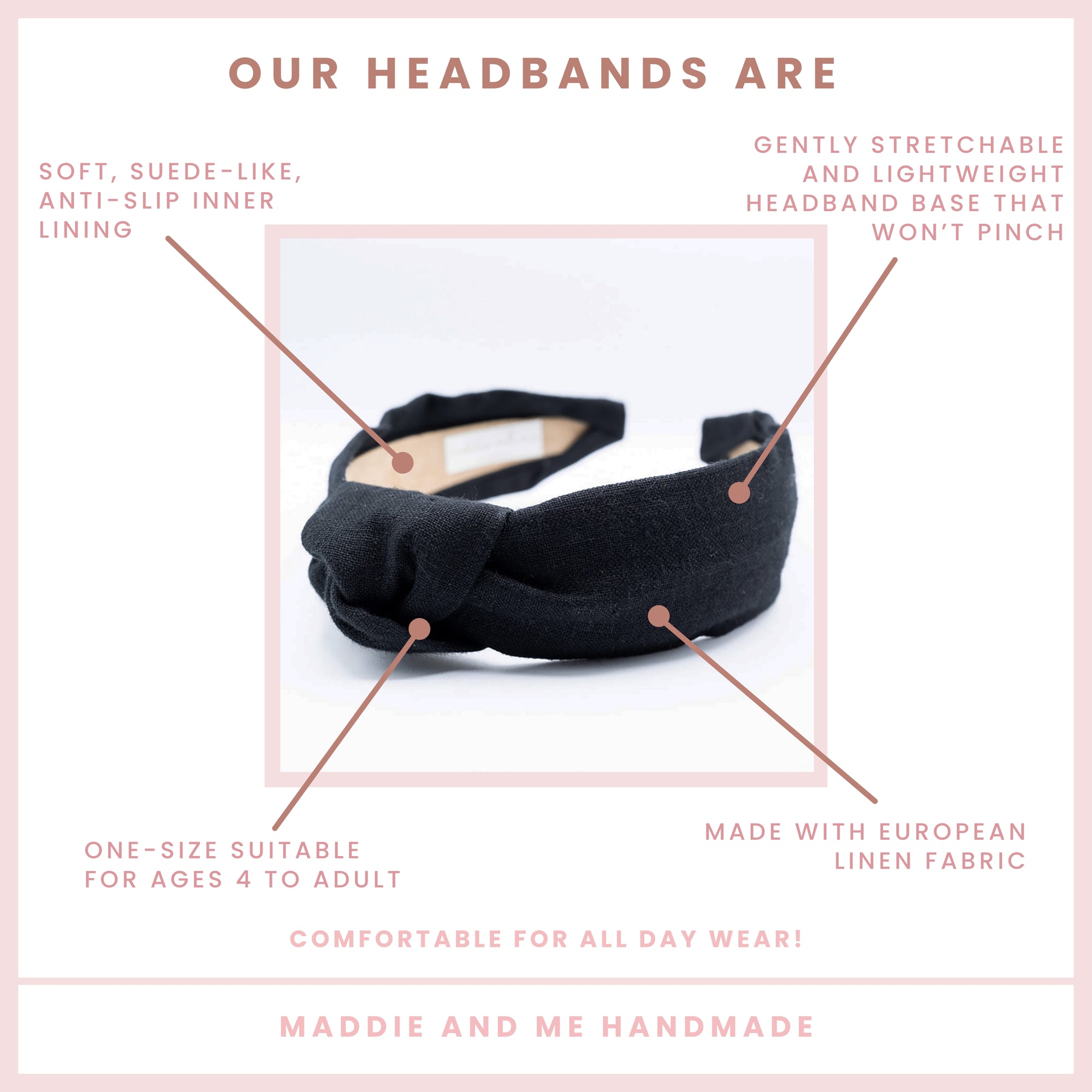 black knotted linen headband on a white background