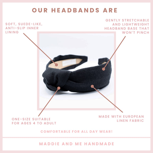 black knotted linen headband on a white background