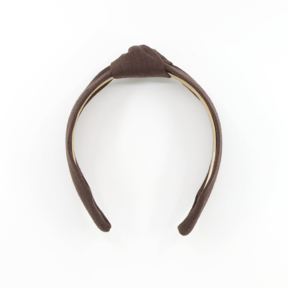 A dark brown fabric headband with a knot at the top, displayed on a clean white background.