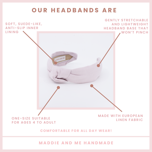 light pink linen knotted headband on a white background