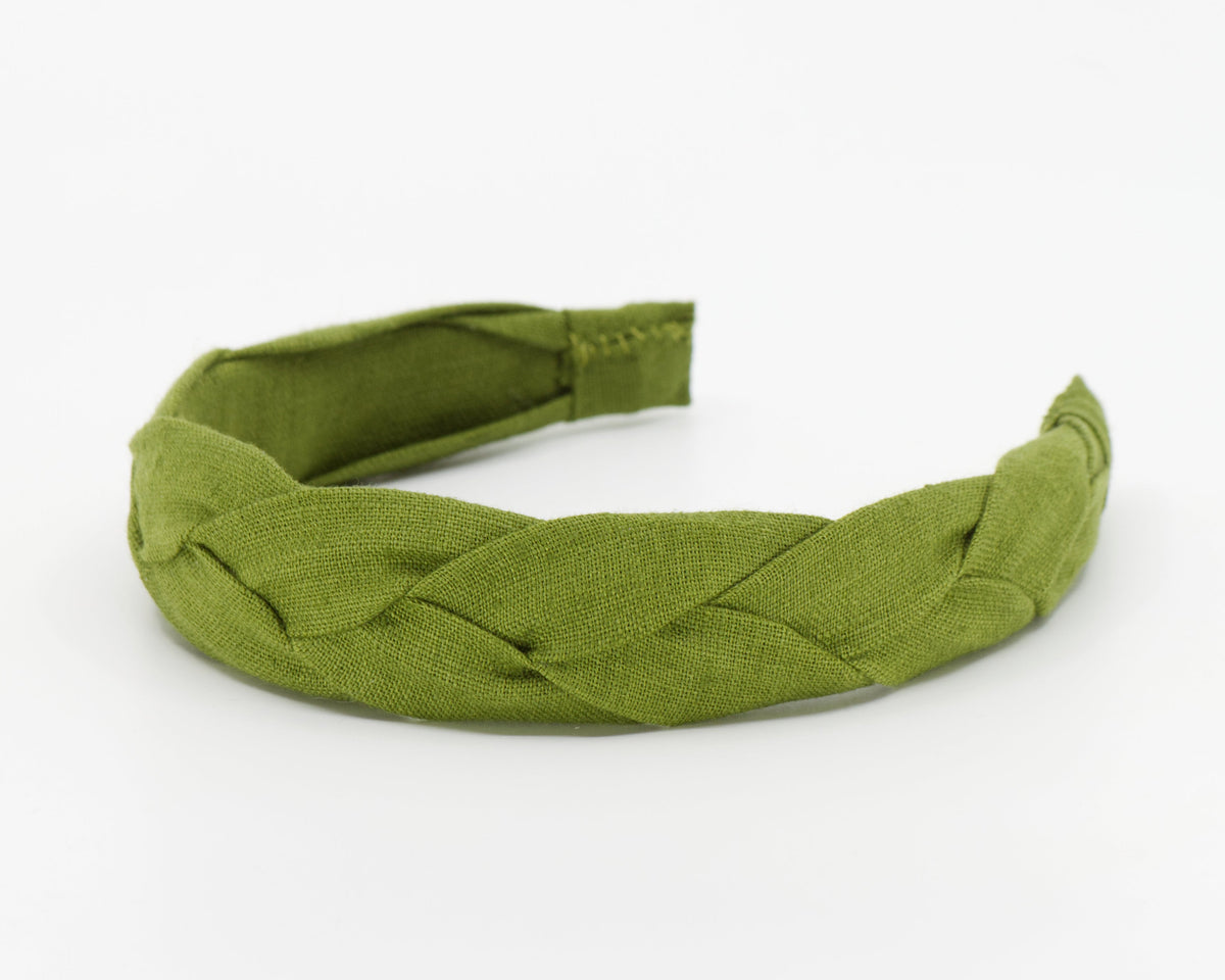 An olive green braided fabric linen headband, shown on a plain white background.