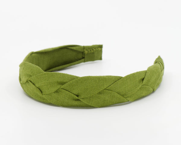 An olive green braided fabric linen headband, shown on a plain white background.