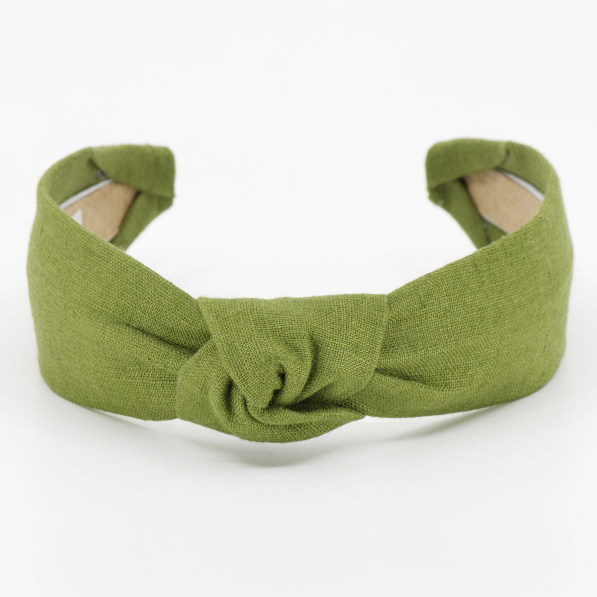 An olive green fabric headband with a central knot detail, displayed on a clean white background.
