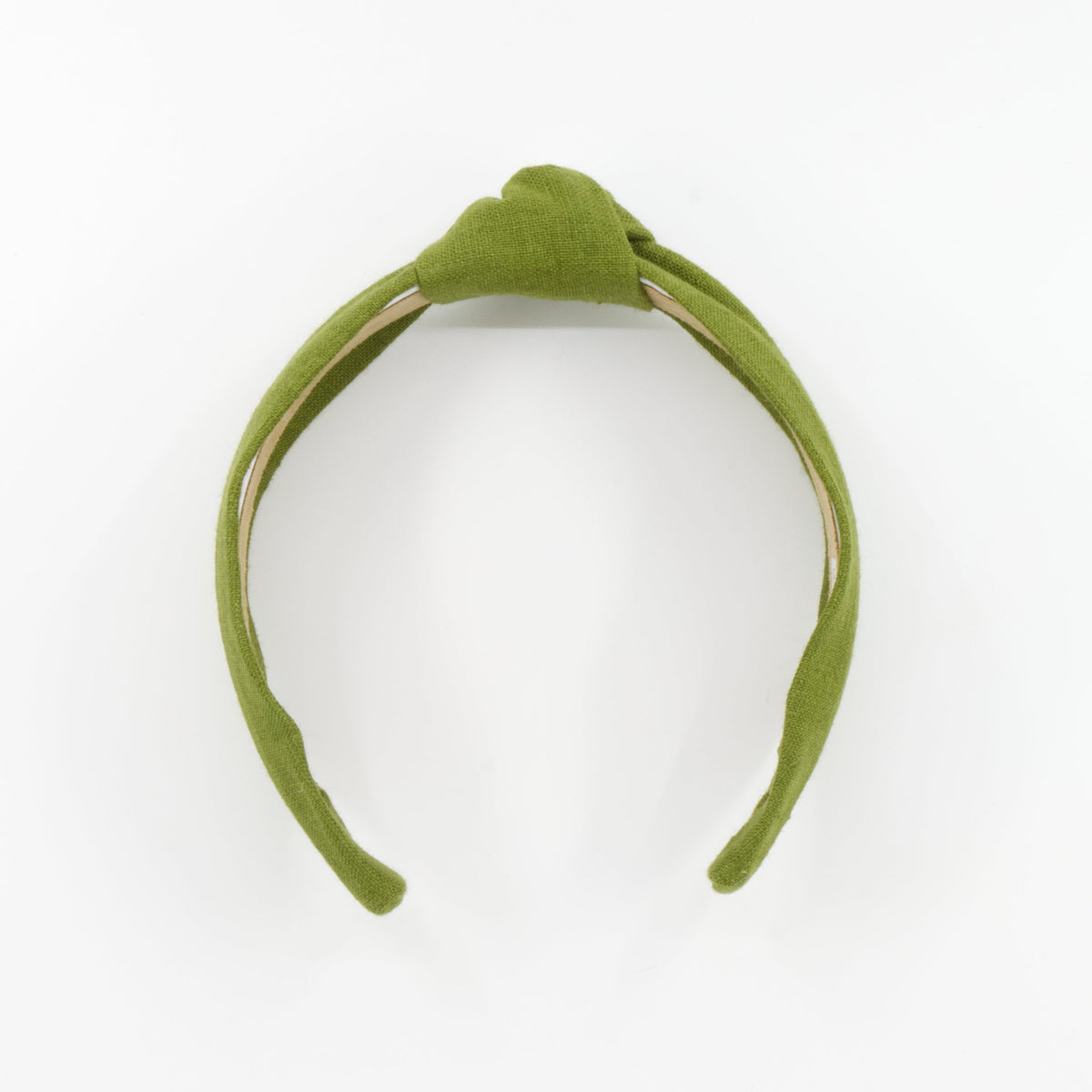 An olive green fabric headband with a knotted top detail, displayed on a clean white background.