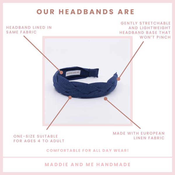 navy braided headband on a white background