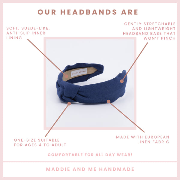 navy linen headband on a white background