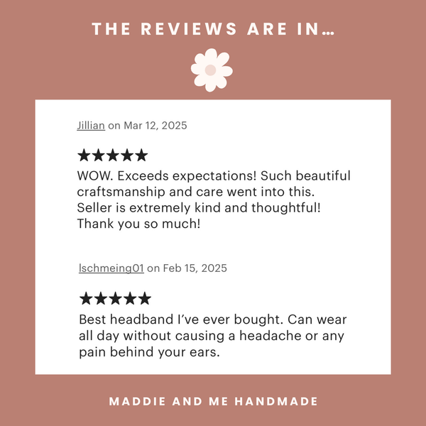 Product reviews with star ratings and text on a brown background, featuring the brand 'Maddie and Me Handmade'.