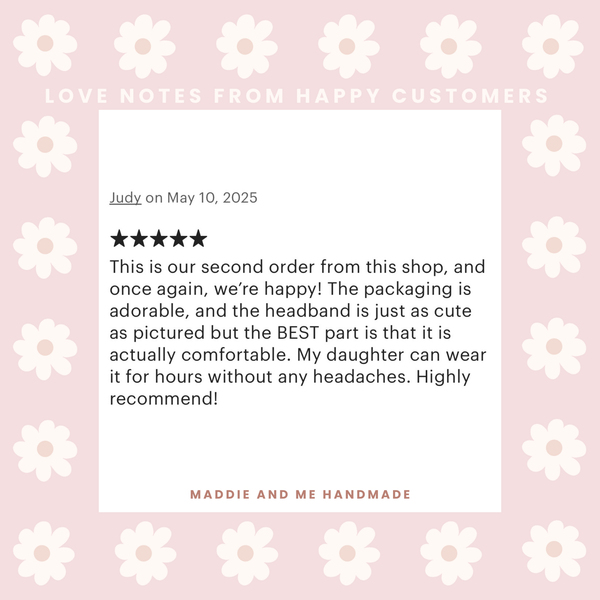 Product review with five-star rating on a pink background with white flowers, featuring 'Maddie and Me Handmade'.